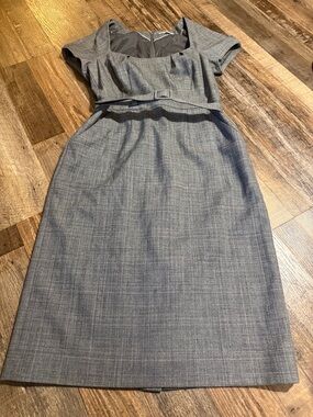 Banana Republic Grey Plaid Midi Dress with Belted Waist